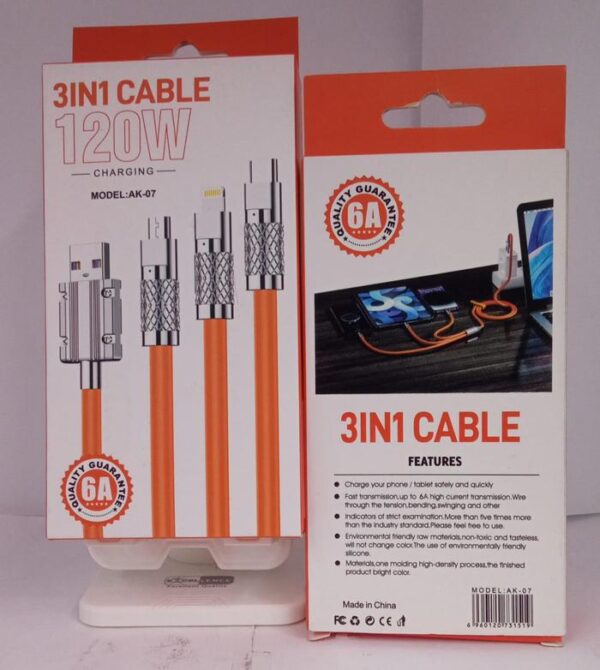 Kabel USB 3in1 120W Type-C/Micro/Lightning AK-07 Kabel Multifungsi - Gambar 5