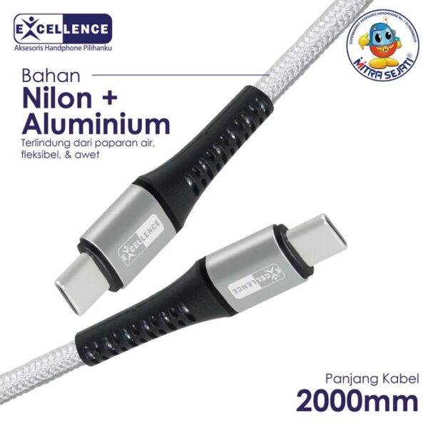 EXCELLENCE Kabel Data Tulip 2M 36W Type-C to Type-C Aluminium Biru Handphone  Aksesoris  Panjang - Gambar 2