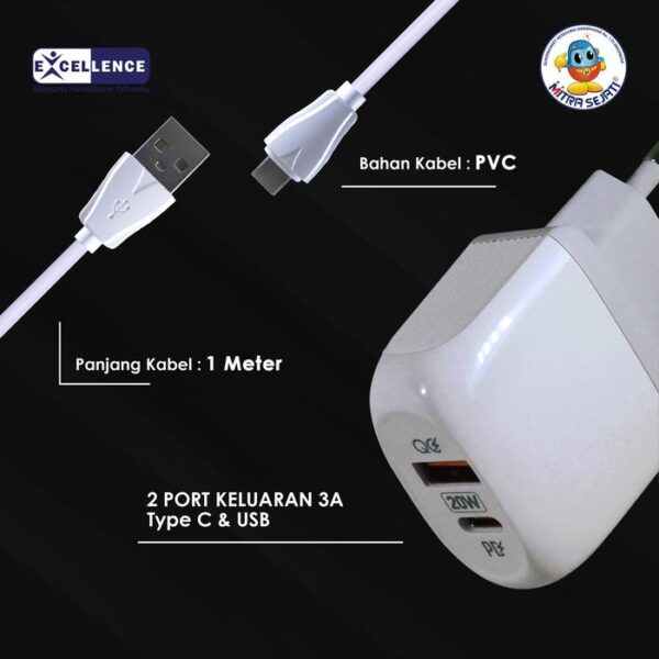 EXCELLENCE Travel Charger Miya Fast Charging 20W PD+QC3.0 Handphone - Gambar 2