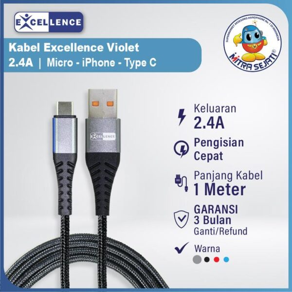 Kabel Data Excellence Violet 2.4A For iPhone/Micro/Type C