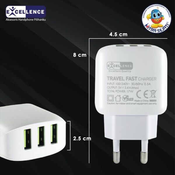 EXCELLENCE Travel Charger 3.4A Fast Charging 3USB Clint Micro USB/Lightning/Type-C - Gambar 3