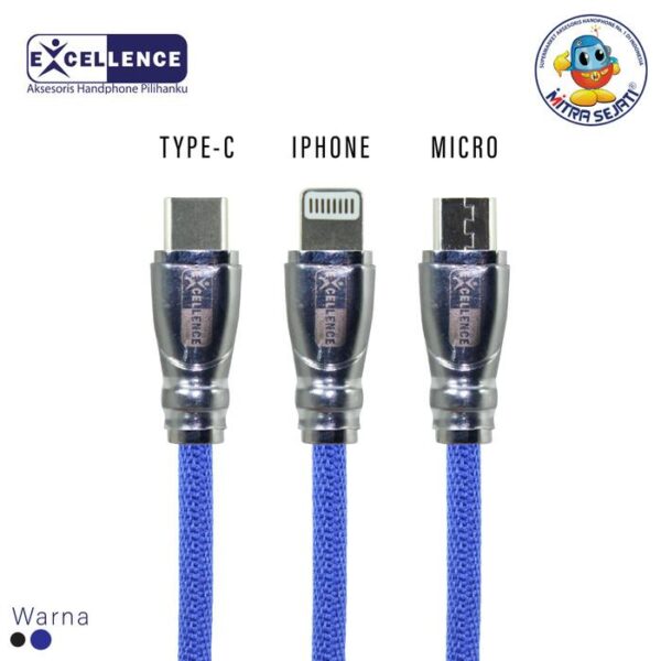 Kabel Data Type-C Excellence Ixora Cable Micro/iPhone Murah Biru 3.5A - Gambar 4