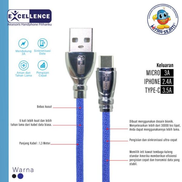 Kabel Data Type-C Excellence Ixora Cable Micro/iPhone Murah Biru 3.5A - Gambar 2