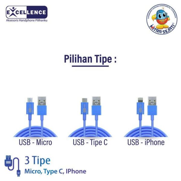 EXCELLENCE CROWN Kabel Data 3A for Micro/Type C/iPhone Fast Charging Panjang Cable Charger - Gambar 3