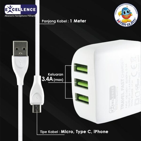 EXCELLENCE Travel Charger 3.4A Fast Charging 3USB Clint Micro USB/Lightning/Type-C - Gambar 2