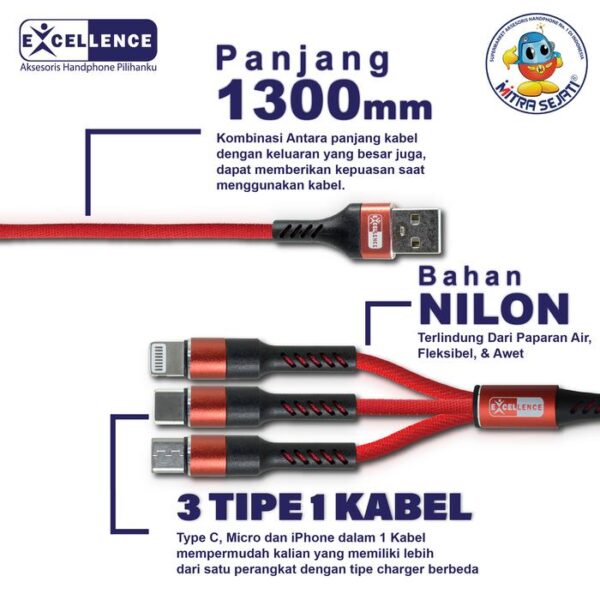 Kabel Data 3 in 1 Excellence Marigold 3.5 Ampere Fast Charging Quick Charging Type C, Micro, iPhone Kabel Panjang 130cm - Bergaransi Excellence Premium Care - Gambar 2