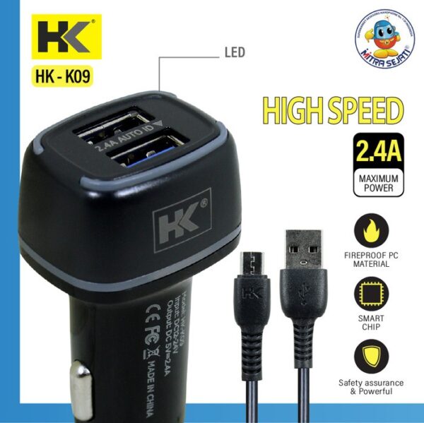 Car Charger Fast Charging HK-K09 Charger Mobil 2 USB LED - Gambar 2