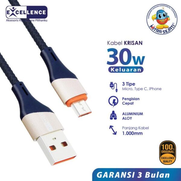 Kabel Data Excellence Fast Charging Krisan 30W iPhone/Micro/Type-C - Micro USB Aksesoris  Handphone  Cable  Biru