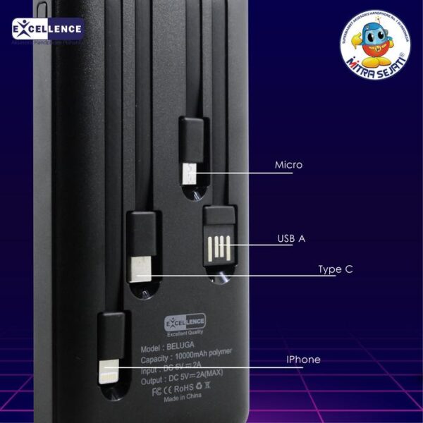 PowerBank Excellence Beluga 10000mAh Fast Charging Quick Charging Dilengkapi LED Indikator Dan Senter - Gambar 3